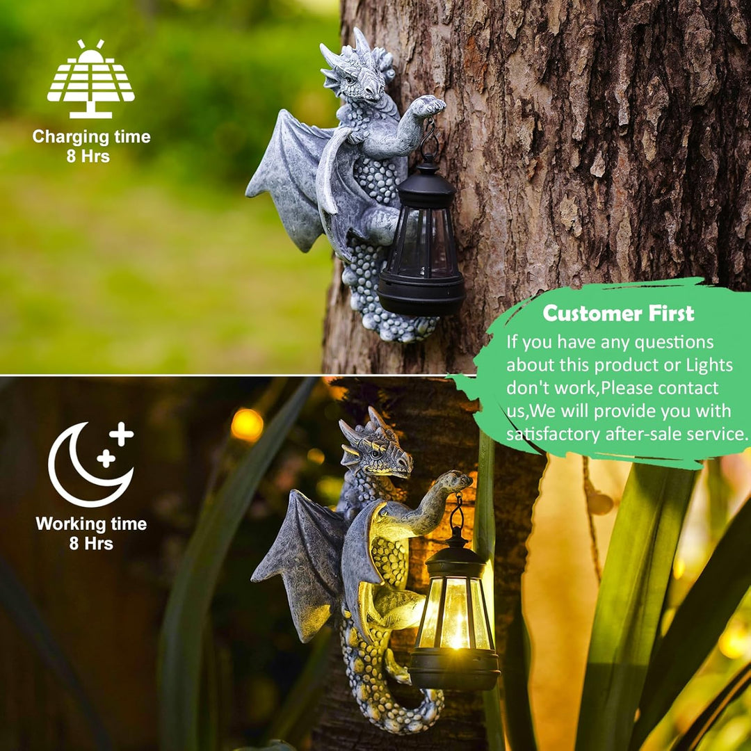 Yeomoo Drachen Figuren mit Solarlampen Baumstamm Gartendeko für Draussen: Lustige Drachen Gartenfigu