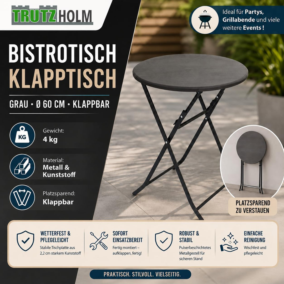 TRUTZHOLM Gartentisch rund Holzoptik grau Ø 60cm klappbar standfest robust Balkontisch Beistelltisch