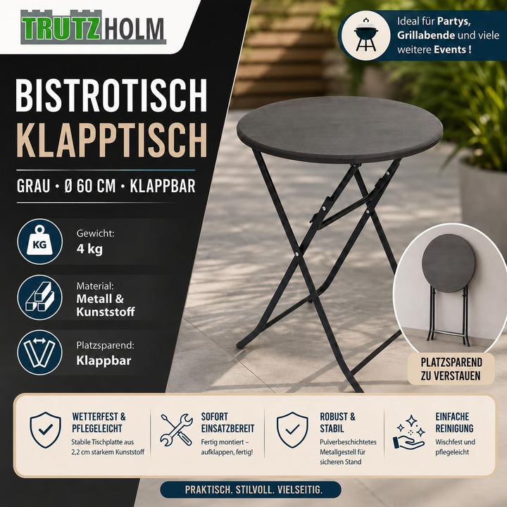 TRUTZHOLM Gartentisch rund Holzoptik grau Ø 60cm klappbar standfest robust Balkontisch Beistelltisch