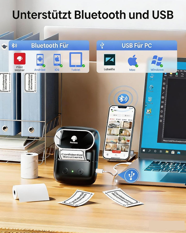 Phomemo M108 Etikettendrucker, Bluetooth Label Printer für 5000+ Vorlagen Schwarz M108 + 1 Etiketten