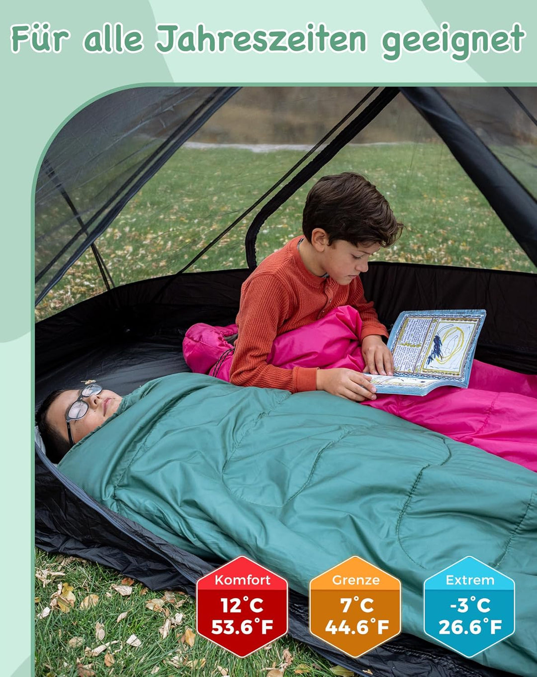 KingCamp Kinderschlafsack 3 Jahreszeiten Deckenschlafsack für Kinder 100-140cm Leicht Warm für Campi