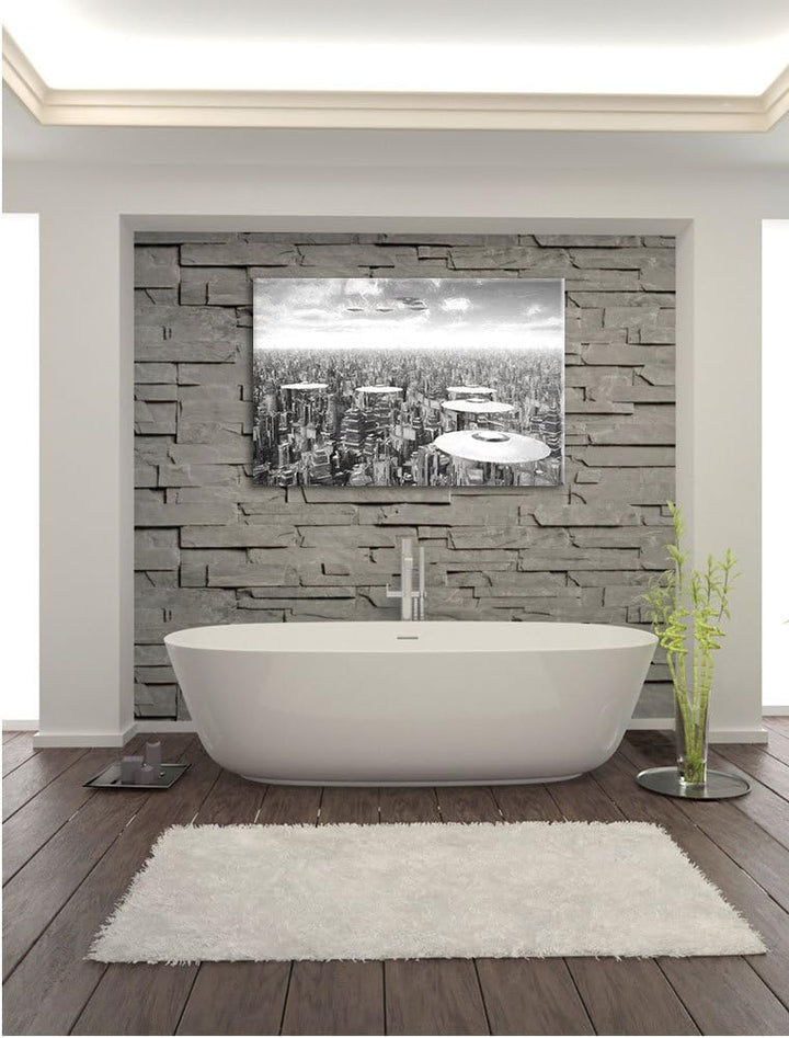 Pixxprint UFO´s über der Stadt Kunst als Leinwandbild/Grösse: 100x70 / Wandbild/Kunstdruck/fertig be