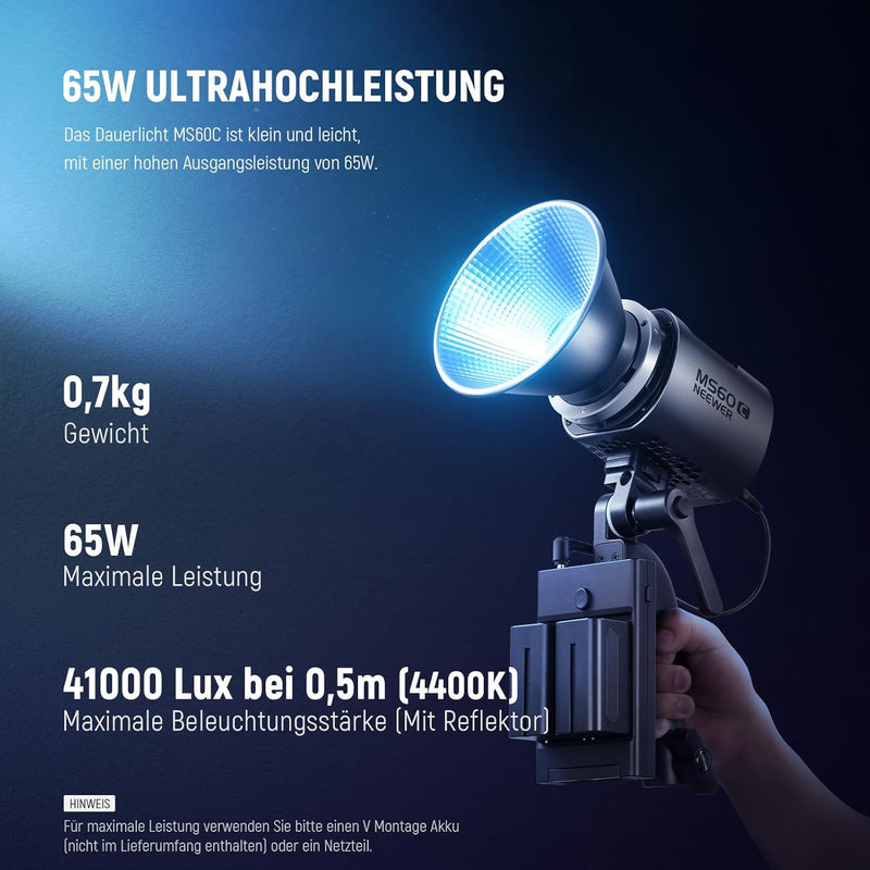 NEEWER MS60C RGBWW LED Videoleuchte Studiolicht 2,4G/APP Steuerung, 65W Ganzmetall Mini Kompakt RGB