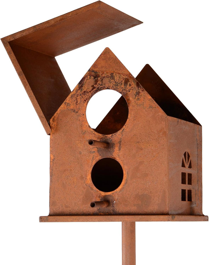 UNUS Vogelhaus mit Stab Metall Rost ca. 126 cm wetterfest dekoratives Vogelhaus Garten Terrasse Balk