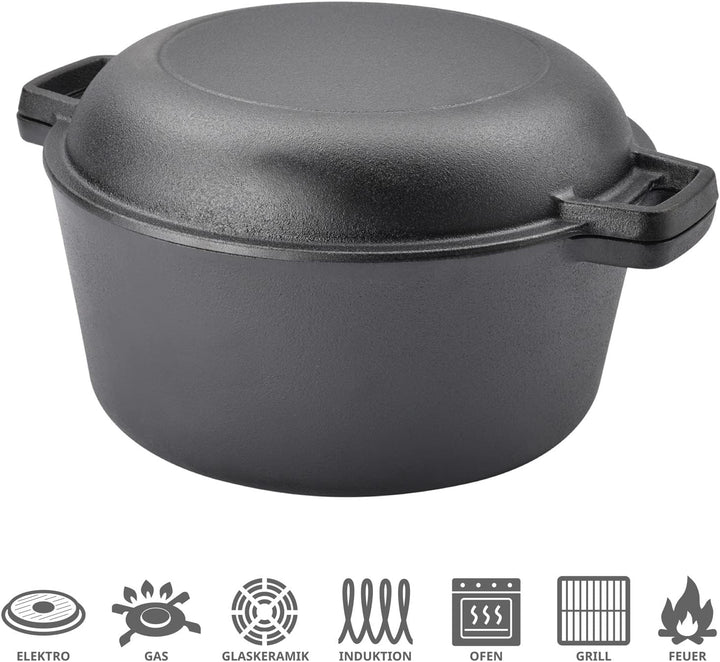 TAINO Gusseisen-Topf mit Pfannen-Deckel 6l Dutch-Oven Allzweck-Kochtopf aus Gusseisen Herd Ofen Lage