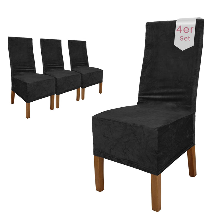 SCHEFFLER-Home Stretch Stuhlhussen Samt Puma Velvet/Velours Stuhlhussen Schwarz 4er Set/Stuhlabdecku