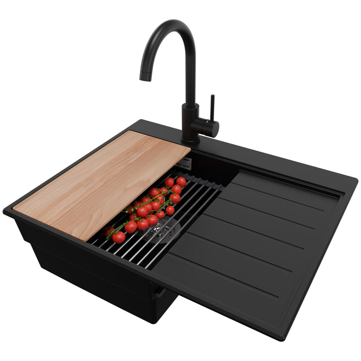 PRIMAGRAN Granitspüle Schwarz 62x50cm, Spülbecken 1 Becken + Küchenarmatur 32x20cm + Ablauf-Set, Küc