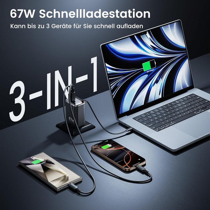 toocki USB C Ladegerät, 3Port GaN Mehrfach Ladegerät mit Schnell Einziehbares Ladekabel,67W USB C Ne