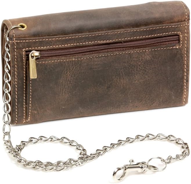 LEAS Biker & Trucker Langbörse mit Chrom-Kette Vintage-Stil in Echt-Leder, braun Vintage-Collection