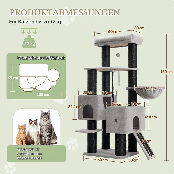 Kratzbaum für Grosse Katzen Stabil, 160 cm Katzenbaum für Maine Coons, 11 cm Dicker Sisalpfosten, 2