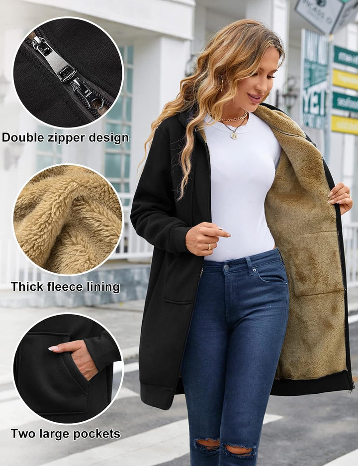 Fleecejacke Damen Lang Gefütterte Sweatjacke Dicke Strickjacke Warme Hoodie Jacke mit Reissverschlus