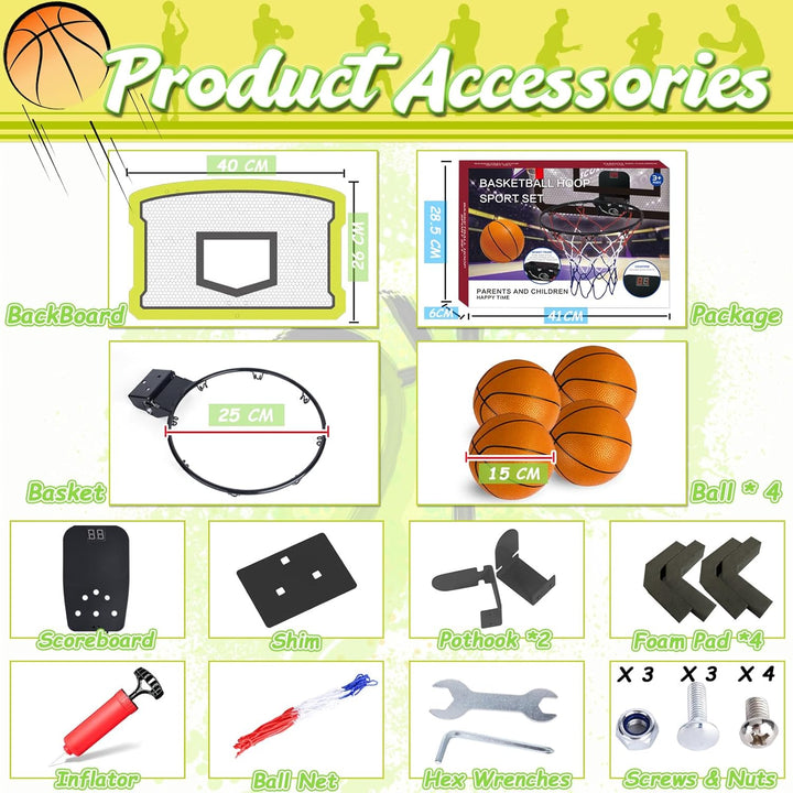 TEUVO Mini Basketballkorb Indoor, Tür Basketballkorb Kinder für Zimmer & Büro mit 4 Ball & Elektroni