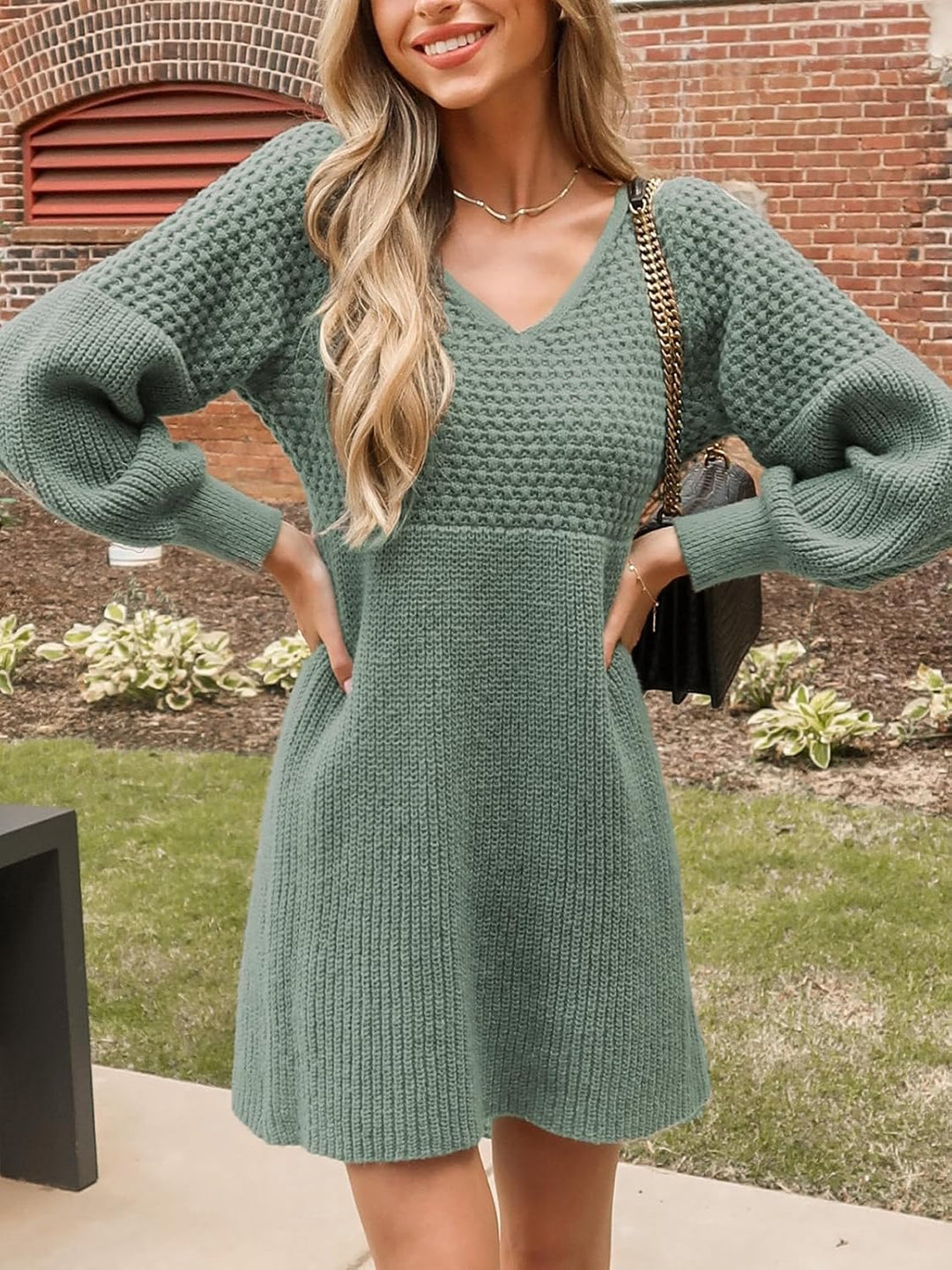 CUPSHE Damen Strickkleid Pulloverkleid V Ausschnitt Langarm Wabenmuster Feinstrick Pullikleid Knit S