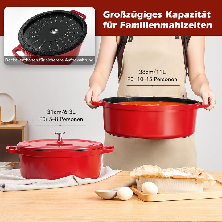 Bräter Oval mit Deckel gross Schmortopf Induktion 31 cm 6,3 L Brot Backen Dutch Oven Stil, leichter
