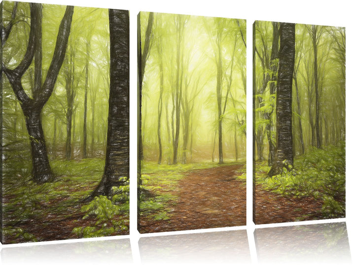 Pixxprint Weg im Wald / 3-Teilig/Gesamtmass 120cm Leinwandbild bespannt auf Holzrahmen/Wandbild Kuns