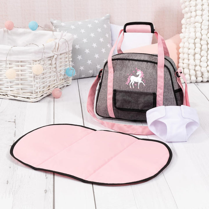 Bayer Design 69033AB Wickeltasche für Puppen, Wickelunterlage, Stoffwindel, Puppenzubehör, Jeans-gra