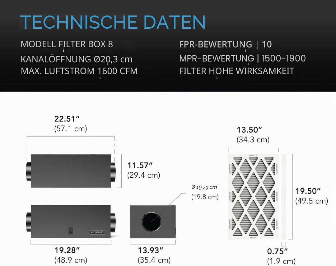 AC Infinity Inline-Filterbox, 200mm, mit hocheffizientem Filter, HVAC-Filter-Set, passend für 200mm