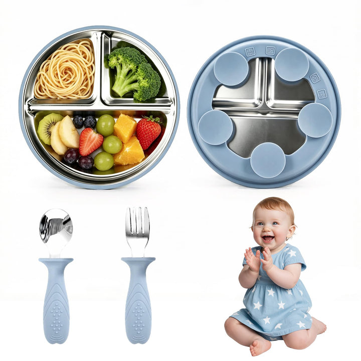 Edelstahl Baby Saugteller Set, Edelstahl Babytelle mit 1 x Gabel und 1 x Löffel, Baby Geschirrmit Ab