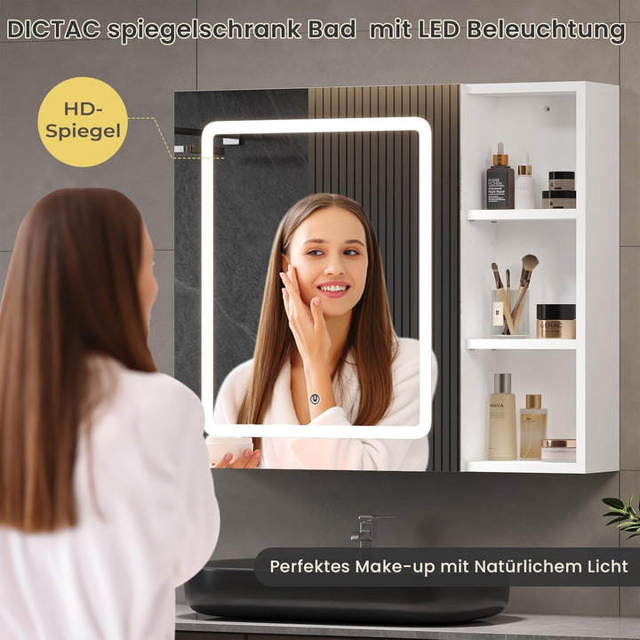 DICTAC Spiegelschrank Bad mit LED Beleuchtung 70x60x16cm Einzeltür Badezimmer spiegelschrank mit Ein