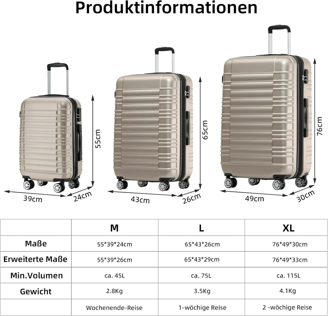 BEIBYE 2088 Zwillingsrollen Reisekoffer Koffer Trolleys Hartschale M-L-XL-Set (Champagner, L) Champa