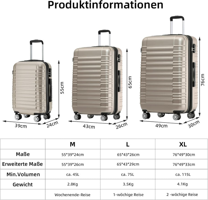 BEIBYE Reisekoffer 2088 Hartschalekoffer Gepäck Koffer Trolley Set, Kofferset in 14 Farben (Champagn
