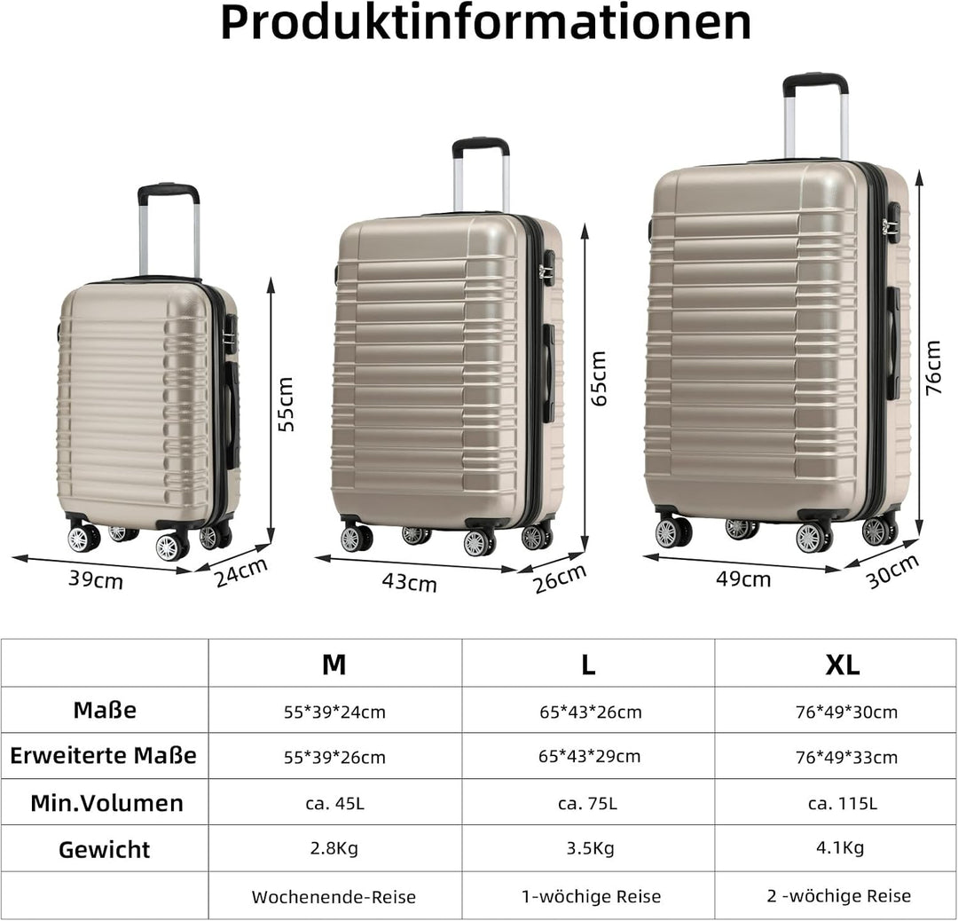 BEIBYE Reisekoffer 2088 Hartschalekoffer Gepäck Koffer Trolley Grösse XL in 14 Farben (Champagner) C
