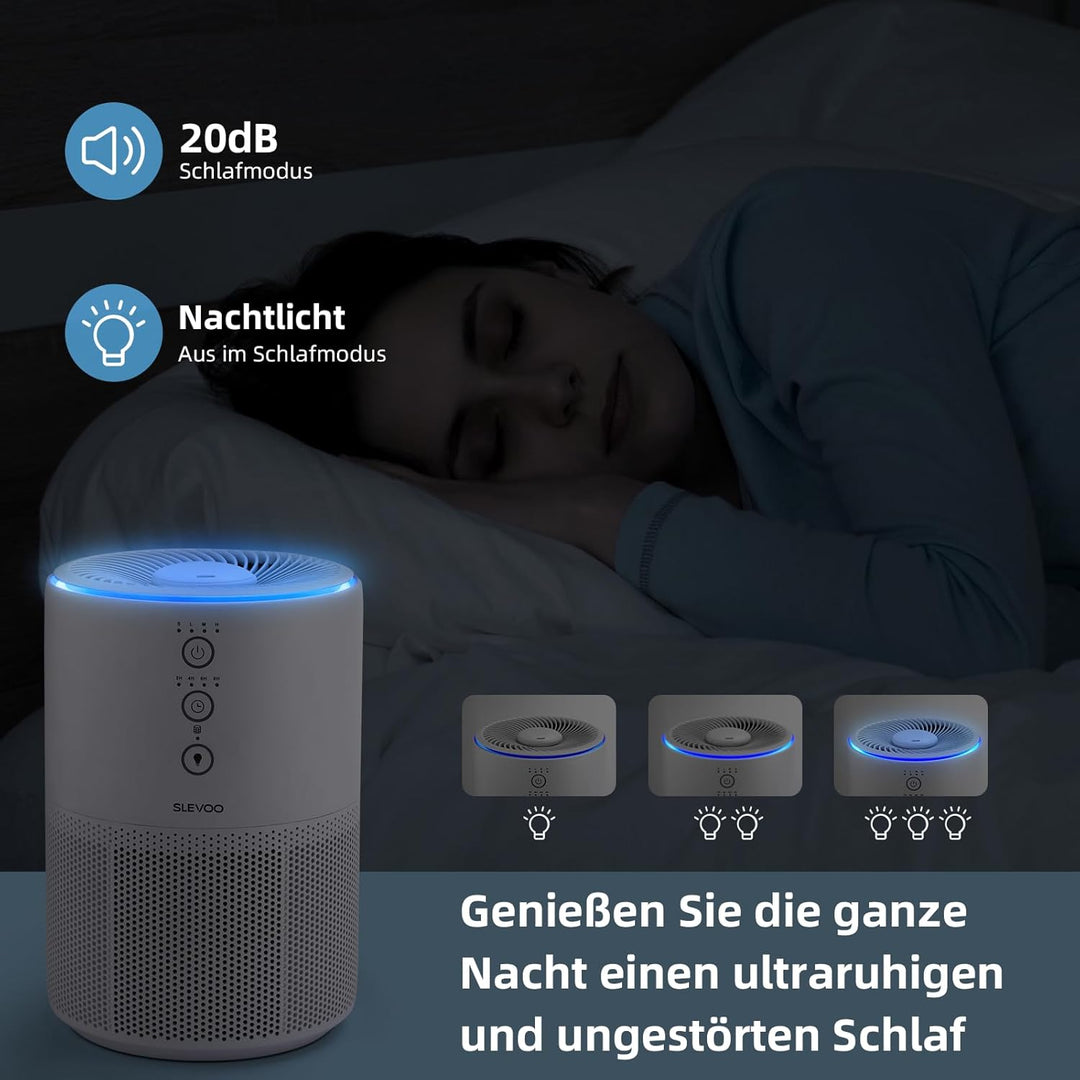 Slevoo Luftreiniger für Zuhause, Tierhaarallergie, 3-in-1 HEPA Filter, CADR 200m³/h, Schlafmodus, ge