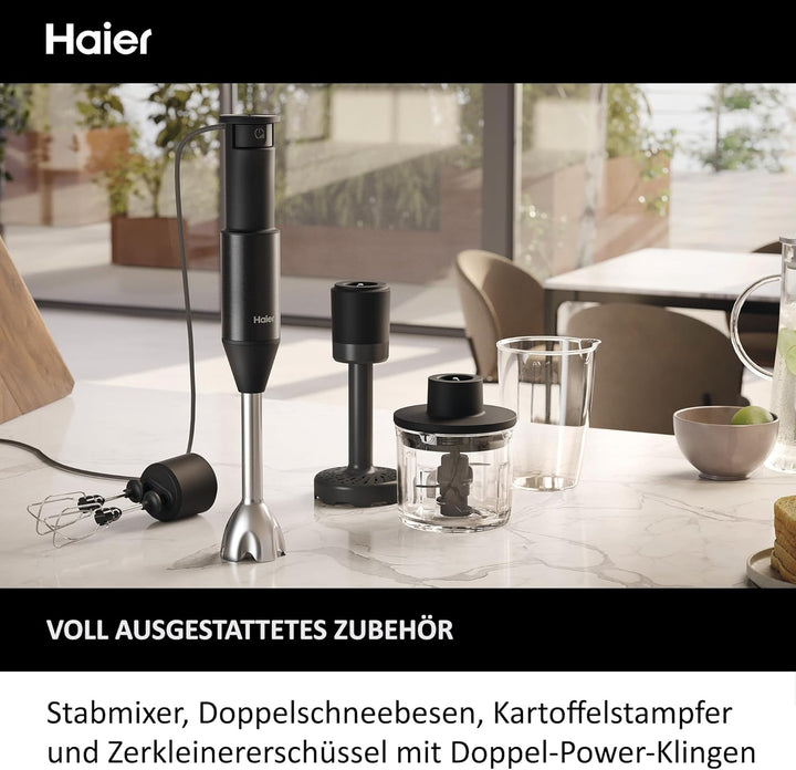 Haier Stabmixer 4-in-1 mit Messbecher, Quirl, Stampfer, Zerkleinerer I 1000W Pürierstab aus Edelstah