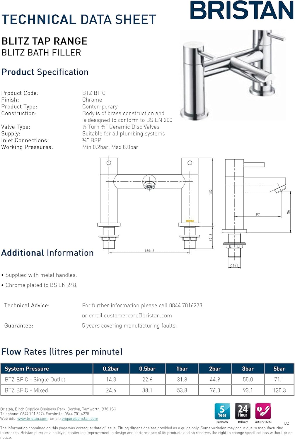 Bristan Blitz Btz BF C Blitz Wanneneinlauf, chrom Bath Filler, Bath Filler