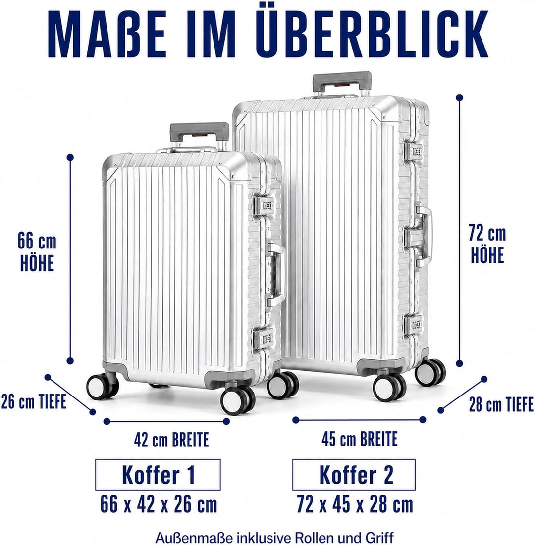 Travelhouse Tokyo 100% Aluminium Reisekoffer Silber M-66cm & L-72cm Hartschalenkoffer Set mit 2X TSA