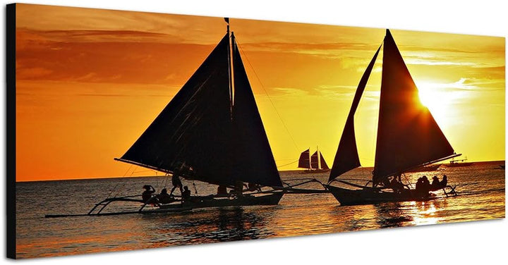 Paul Sinus Art Panoramabild auf Leinwand und Keilrahmen 150x50cm Island Meer Segelboote Sonnenunterg