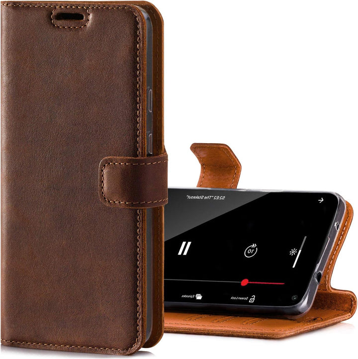 SURAZO Handy Hülle Für Samsung Galaxy S9 Plus - TV RFID Nubuk Nussbraun - Glattleder Premium - Vinta