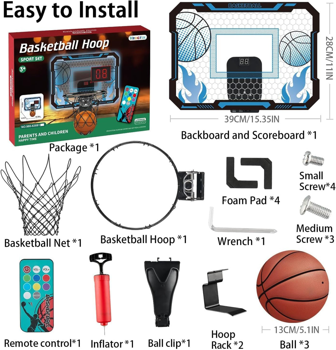 Indoor-Basketballkorb für Kinder mit 7 farbigen LED-Lichtern, Fernbedienung, Halterung über der Tür,