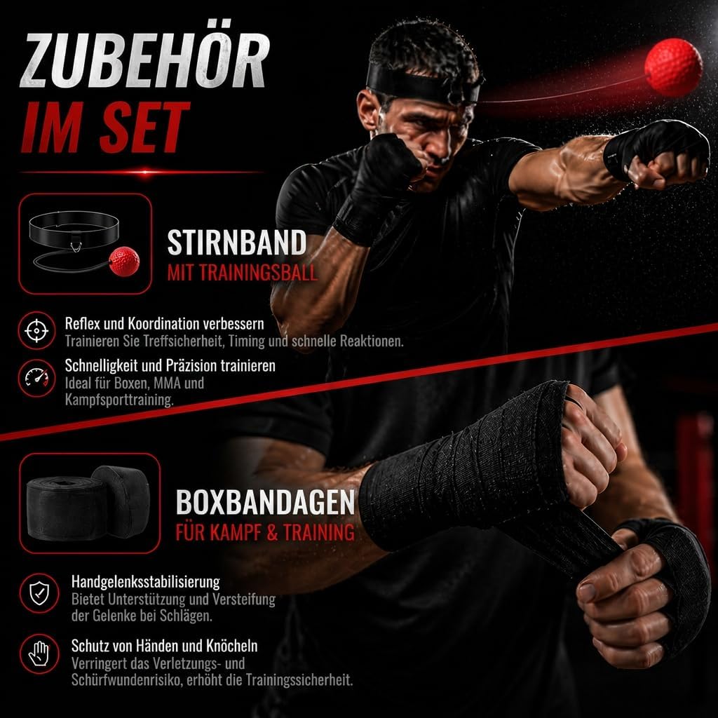Boxsack Komplett-Set - Nachfüllbar Deckenbefestigung Boxbandagen &amp; Reflexball inklusive Hängender Pu