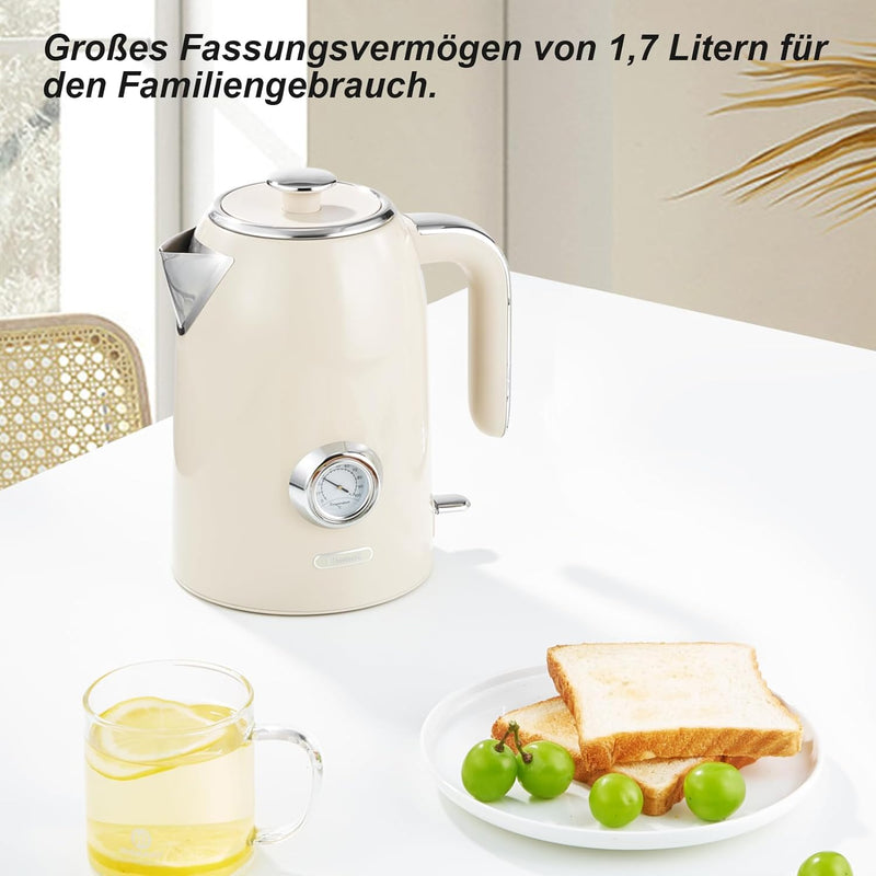 Wiltal Wasserkocher [1,7L, 2200W], Retro Creme, Edelstahl, Toaster Wasserkocher set Retro (Wassertem