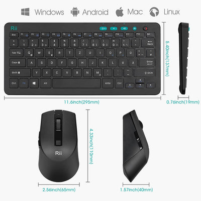 Rii Tastatur Maus Set Kabellos, 2.4G Kabellose Kompakte Tastatur mit Funkmaus für Laptop, PC und Sma