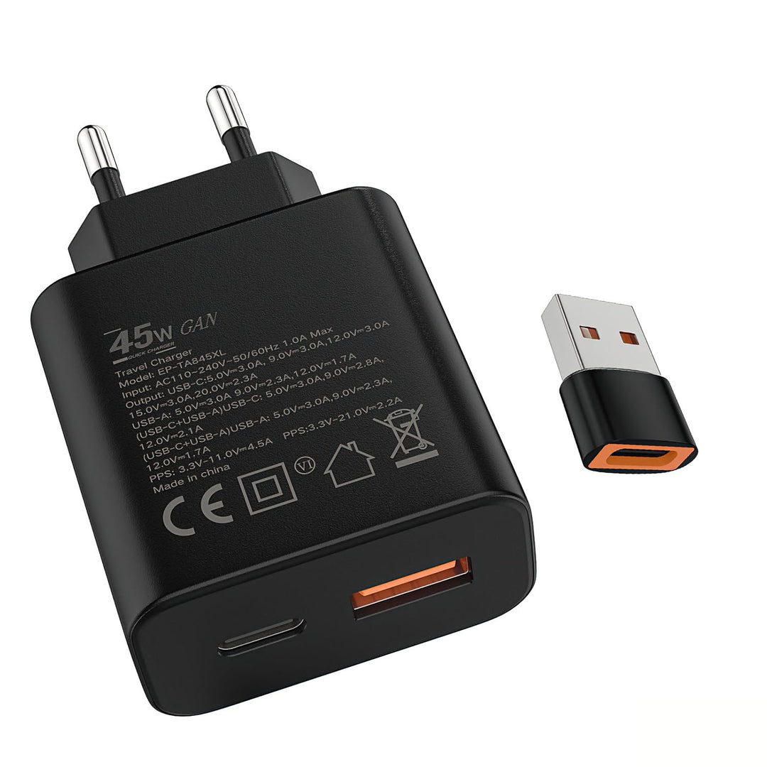Schnellladegerät Ladeadapter netzteil 45W USB Typ-C 18W USB Typ-A Ladegerät （Schwarz 1 Stück）für:iPa