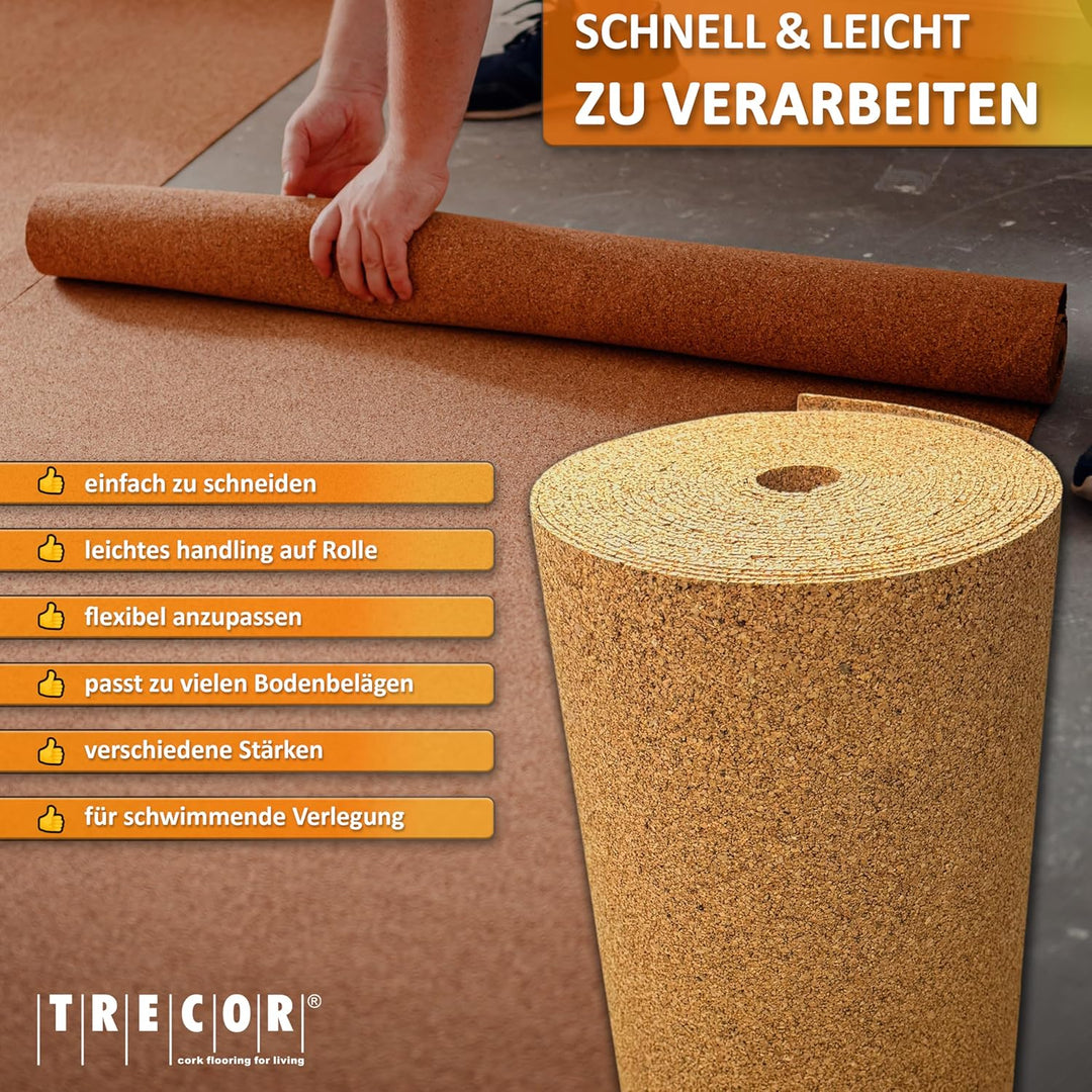 Trittschalldämmung TRECOR Rollenkork - Stärke 4 mm - Akustik Tritt- und Gehschalldämmung für Laminat