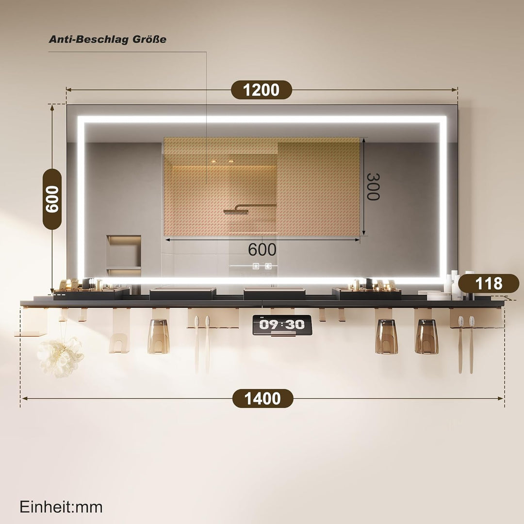 SONNI LED Badspiegel 120x60cm + 140cm Ablage, Touch spiegel mit Beleuchtung, 3 Lichtfarben, Anti-Bes