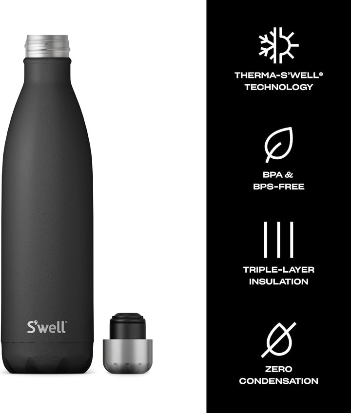 S'well Edelstahl-Wasserflasche, 758 ml, Onyx, dreilagig, vakuumisoliert, hält Getränke 48 Stunden ka