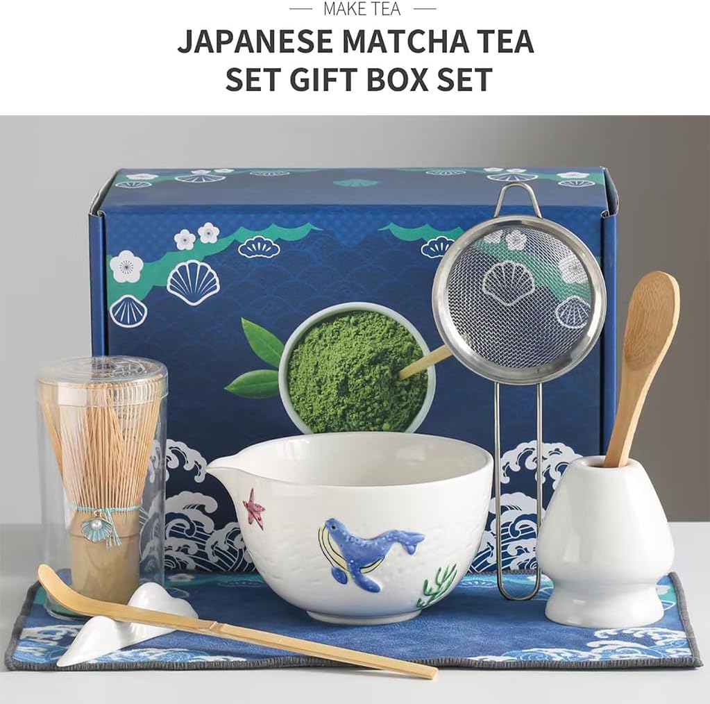 Japanisches Matcha-Tee-Set, 7-teilig, Keramik-Matchaschale mit Wal-Motiv, Bambus-Besen, Whisk-Halter