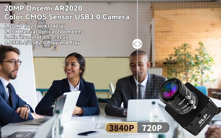 ELP 20MP USB 3.0 Industriekamera,4K UHD 3840P hohe Auflösung mit 3,6–10 mm 3-Fach manuellem Varioobj