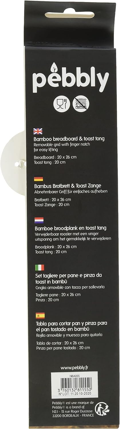 Pebbly nba055 Set Brotschneidebrett und Toastzange, Bambus beige 26 x 20 x 2 cm