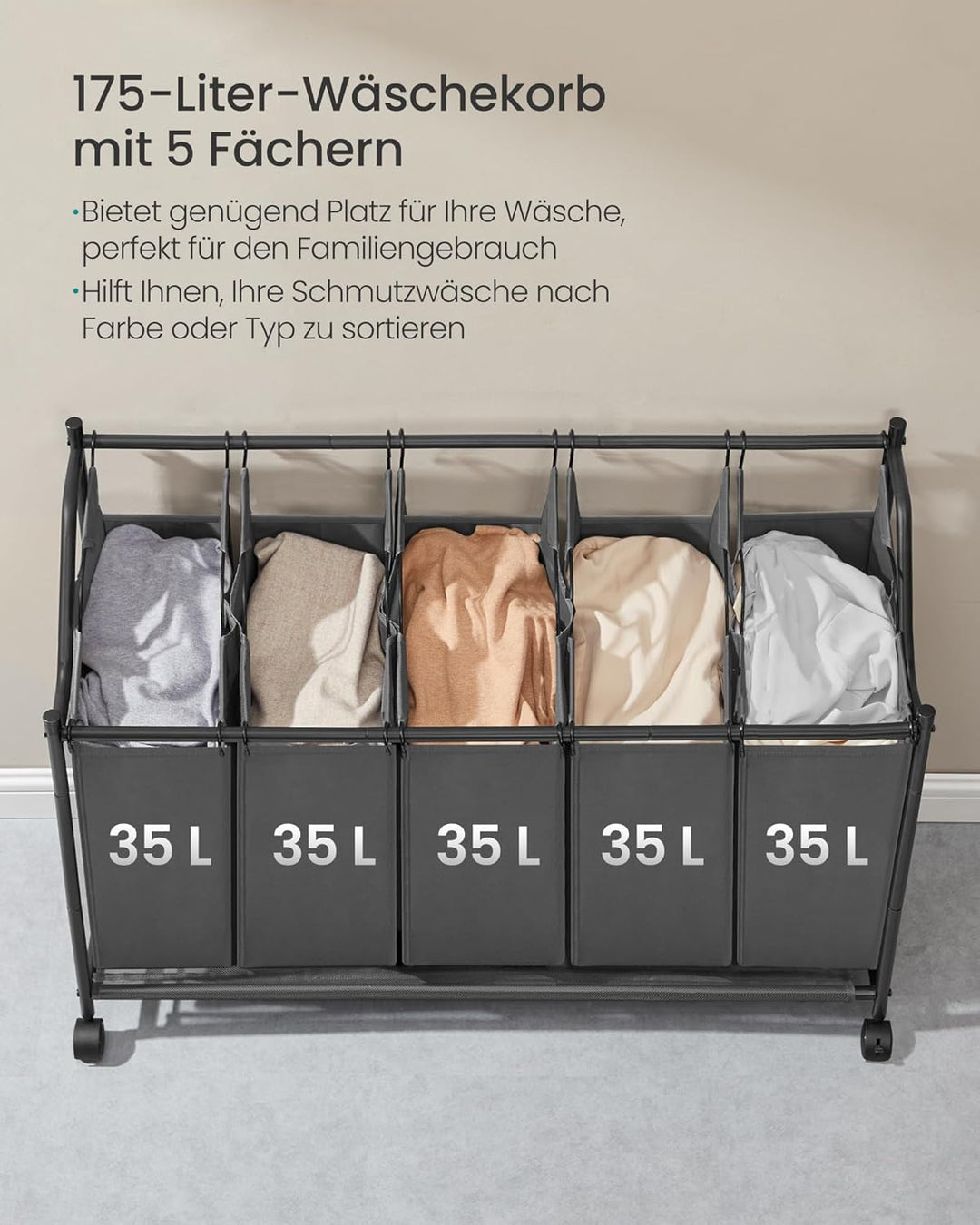 SONGMICS Wäschekorb mit Rollen, Wäschesammler mit 5 abnehmbaren Wäschesäcken, Wäschewagen, für Wasch