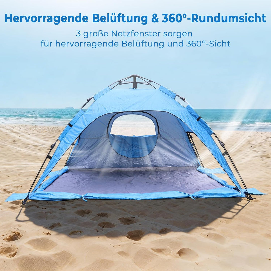 Pop Up Strandmuschel mit UV-Schutz 50+, Automatisches Strandzelt für 2-3 Personen, XXL Pop Up Strand
