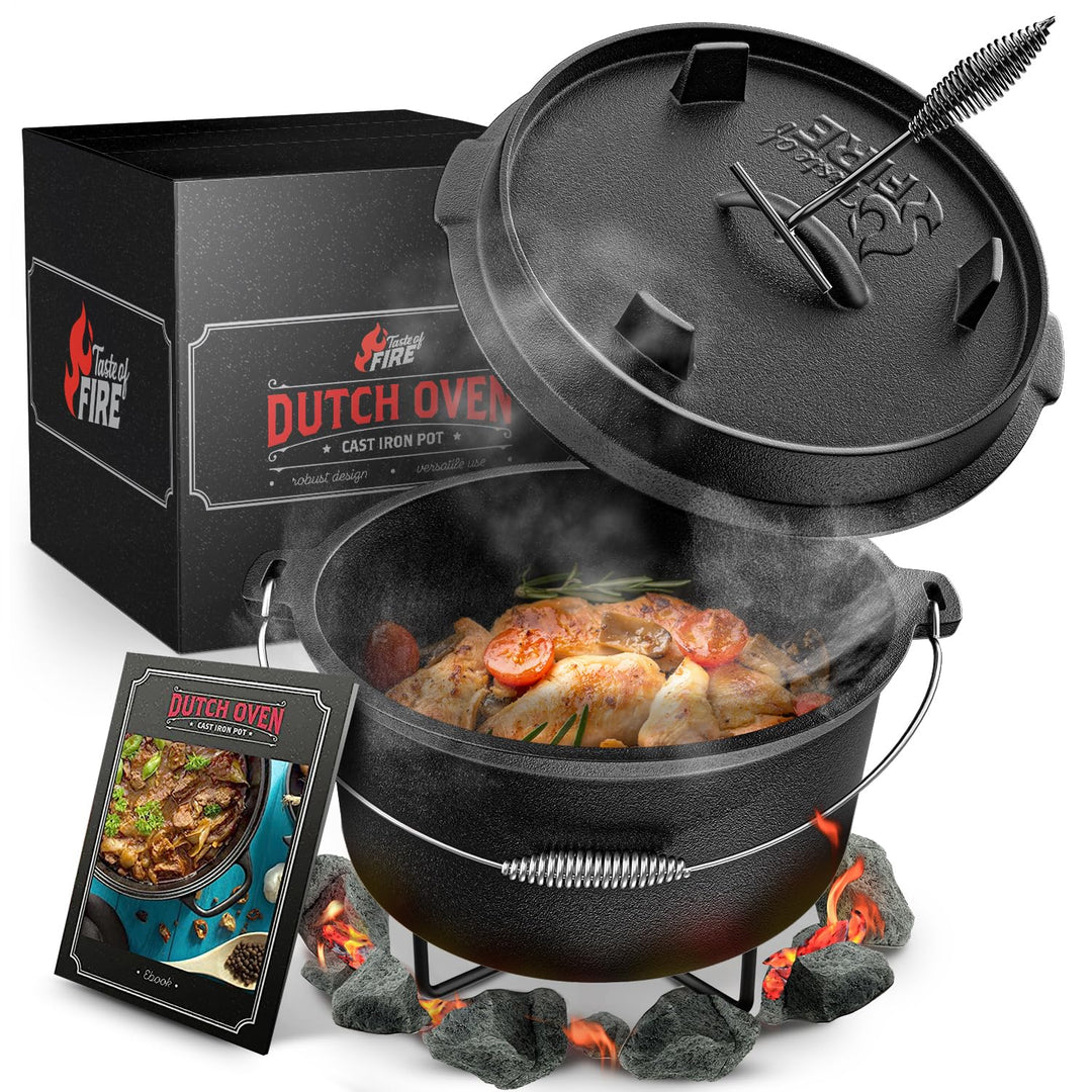 BBQ Dutch Oven [Das Original] - Dutch Oven Set 7 Liter – Eingebrannter Feuertopf aus Gusseisen Decke