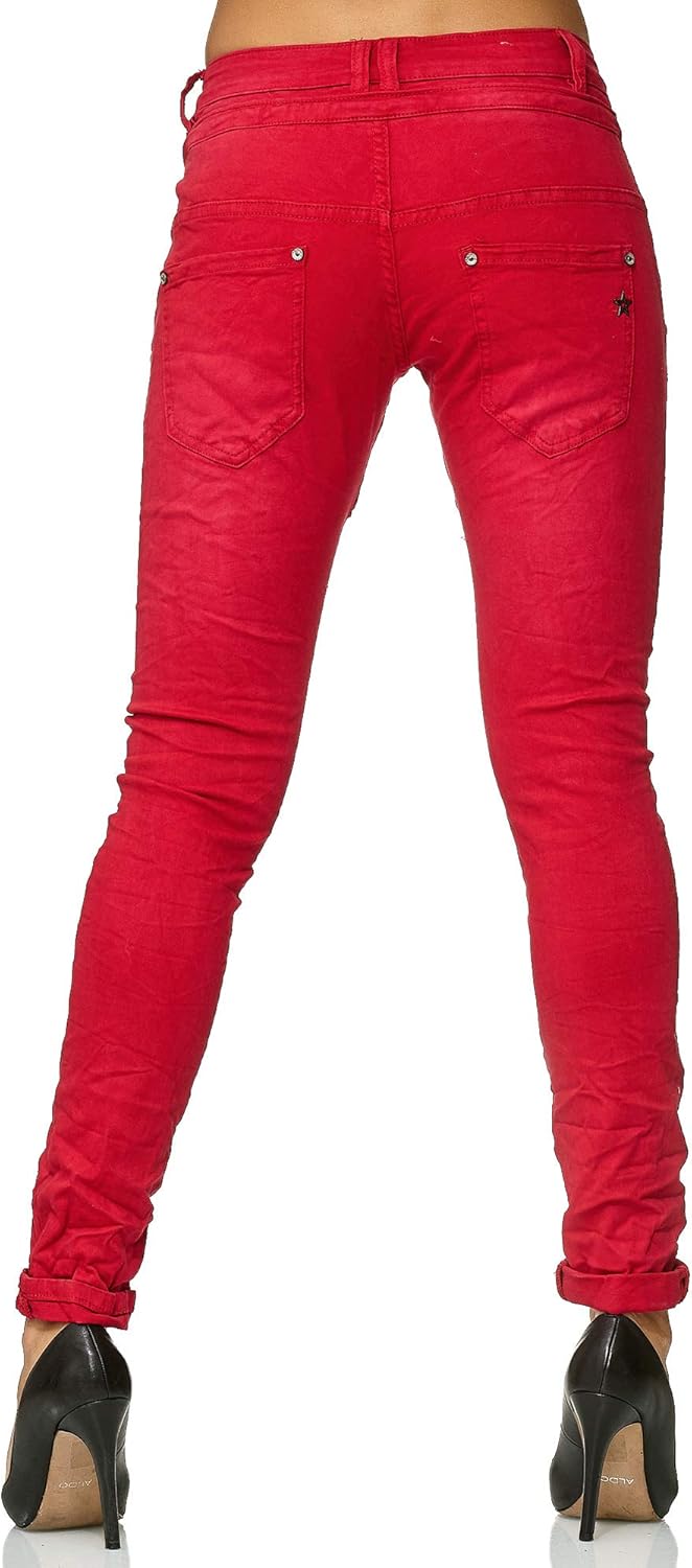Elara Damen Jeans Boyfriend Knopfleiste Chunkyrayan 34 Slim Rot Lissabon, 34 Slim Rot Lissabon