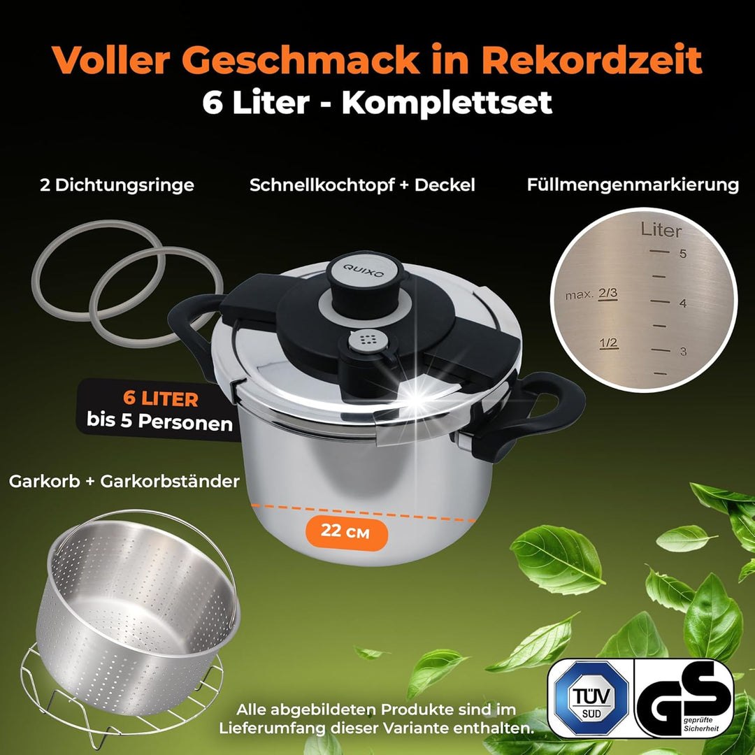 QUIXO Schnellkochtopf 6l VitaSmart 22cm mit QuickSafe-Verschluss [einfache Handhabung] inkl. Dampfei