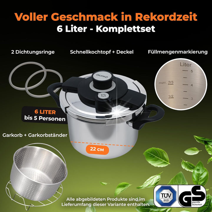 QUIXO Schnellkochtopf 6l VitaSmart 22cm mit QuickSafe-Verschluss [einfache Handhabung] inkl. Dampfei