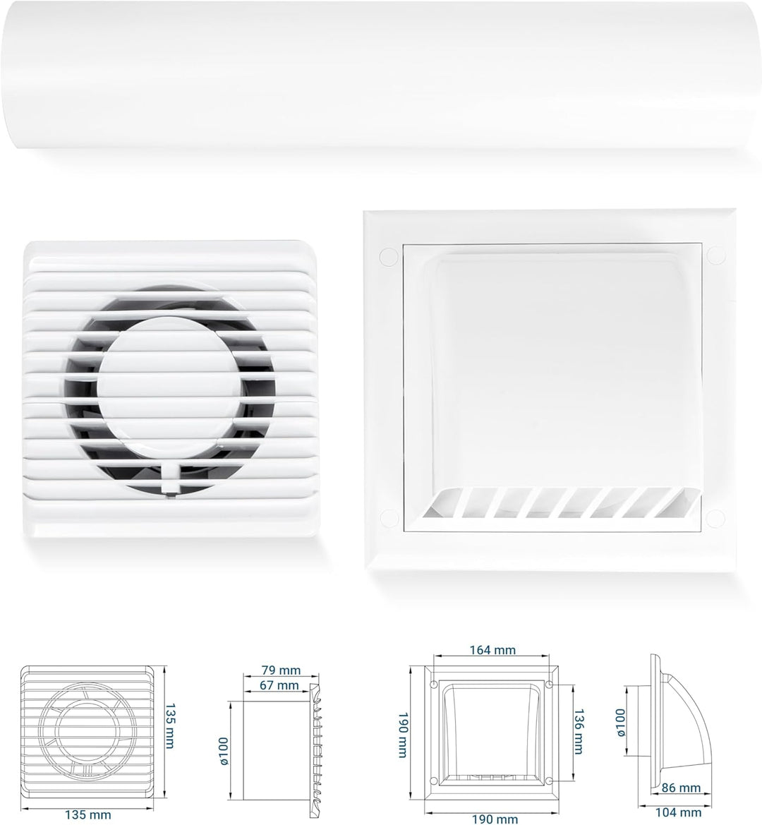 SYSTERM Abluftset Ø 100 mm mit Ventilator, Lüftungsanlage und Aussenlüftung Wetterschutzgitter. Klei
